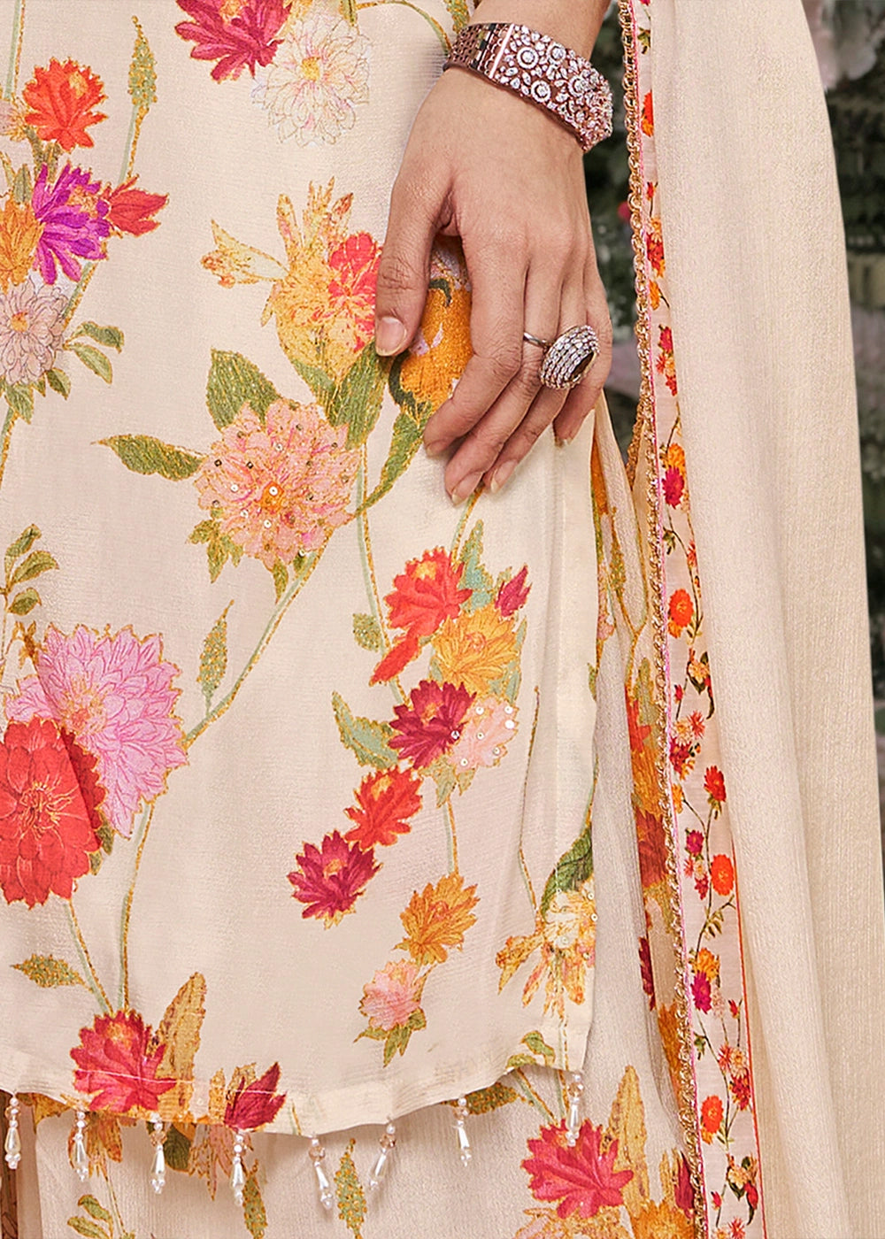 Cream White Chinon Silk Sharara Suit with Floral Print & Embroidery