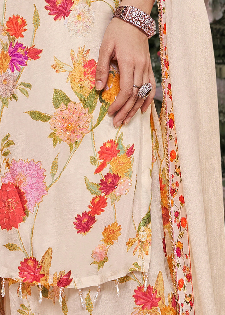 Cream White Chinon Silk Sharara Suit with Floral Print & Embroidery