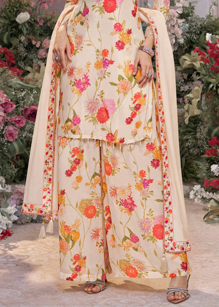 Cream White Chinon Silk Sharara Suit with Floral Print & Embroidery