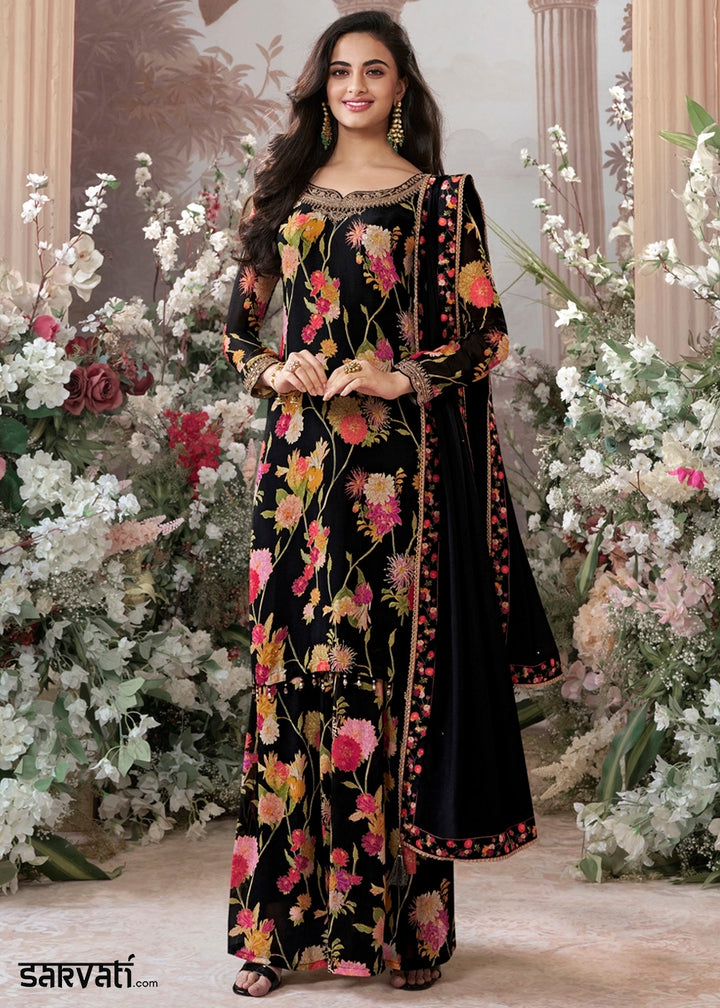 Jade Black Chinon Silk Sharara Suit with Floral Print & Embroidery