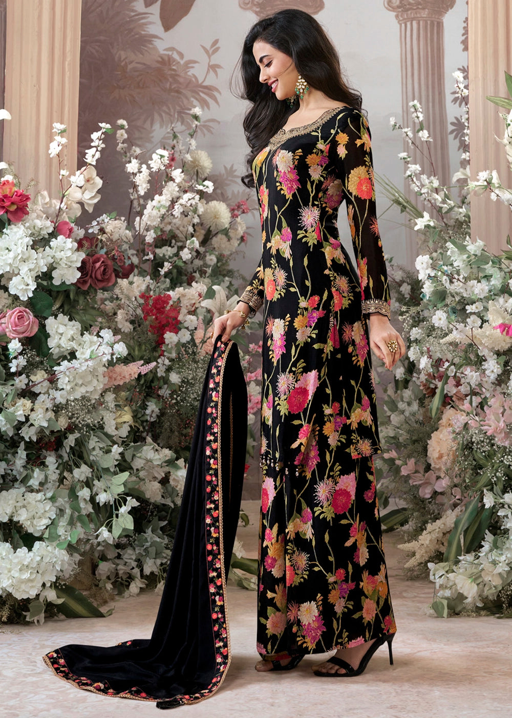 Jade Black Chinon Silk Sharara Suit with Floral Print & Embroidery