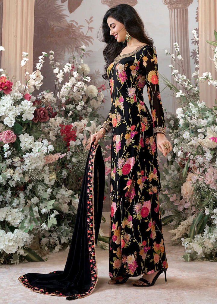 Jade Black Chinon Silk Sharara Suit with Floral Print & Embroidery
