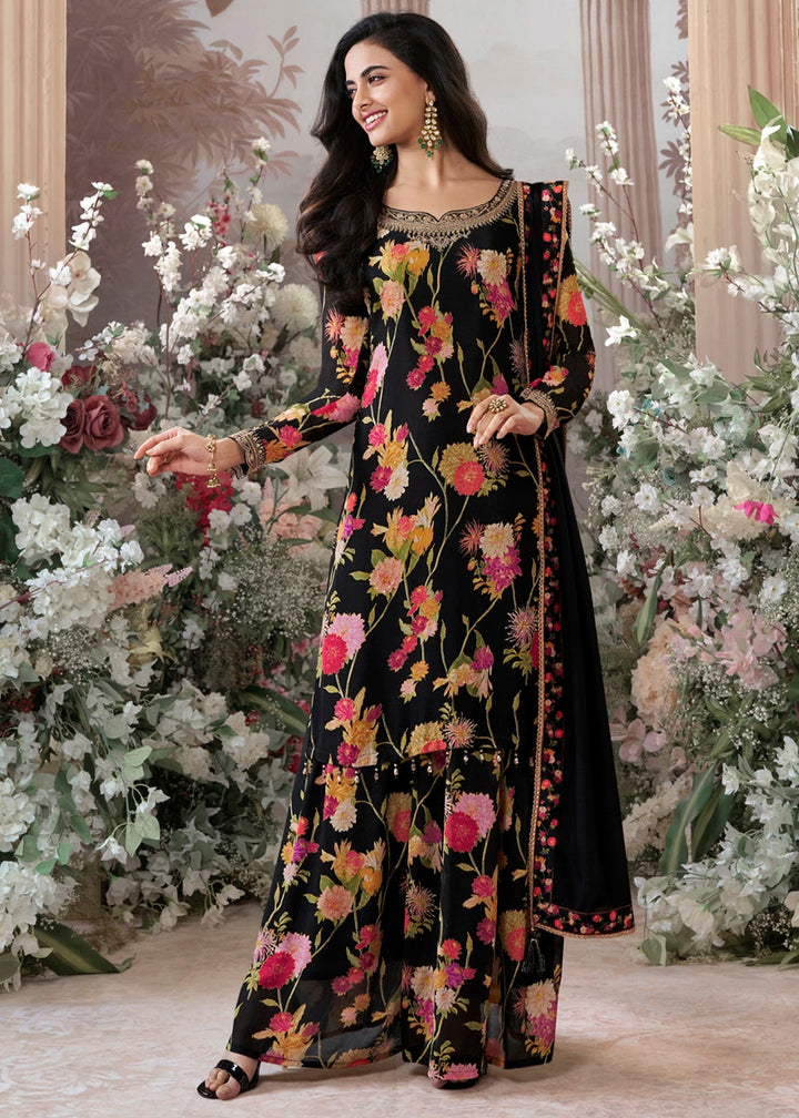 Jade Black Chinon Silk Sharara Suit with Floral Print & Embroidery