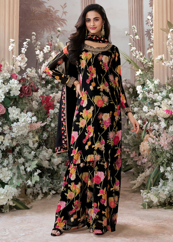Jade Black Chinon Silk Sharara Suit with Floral Print & Embroidery