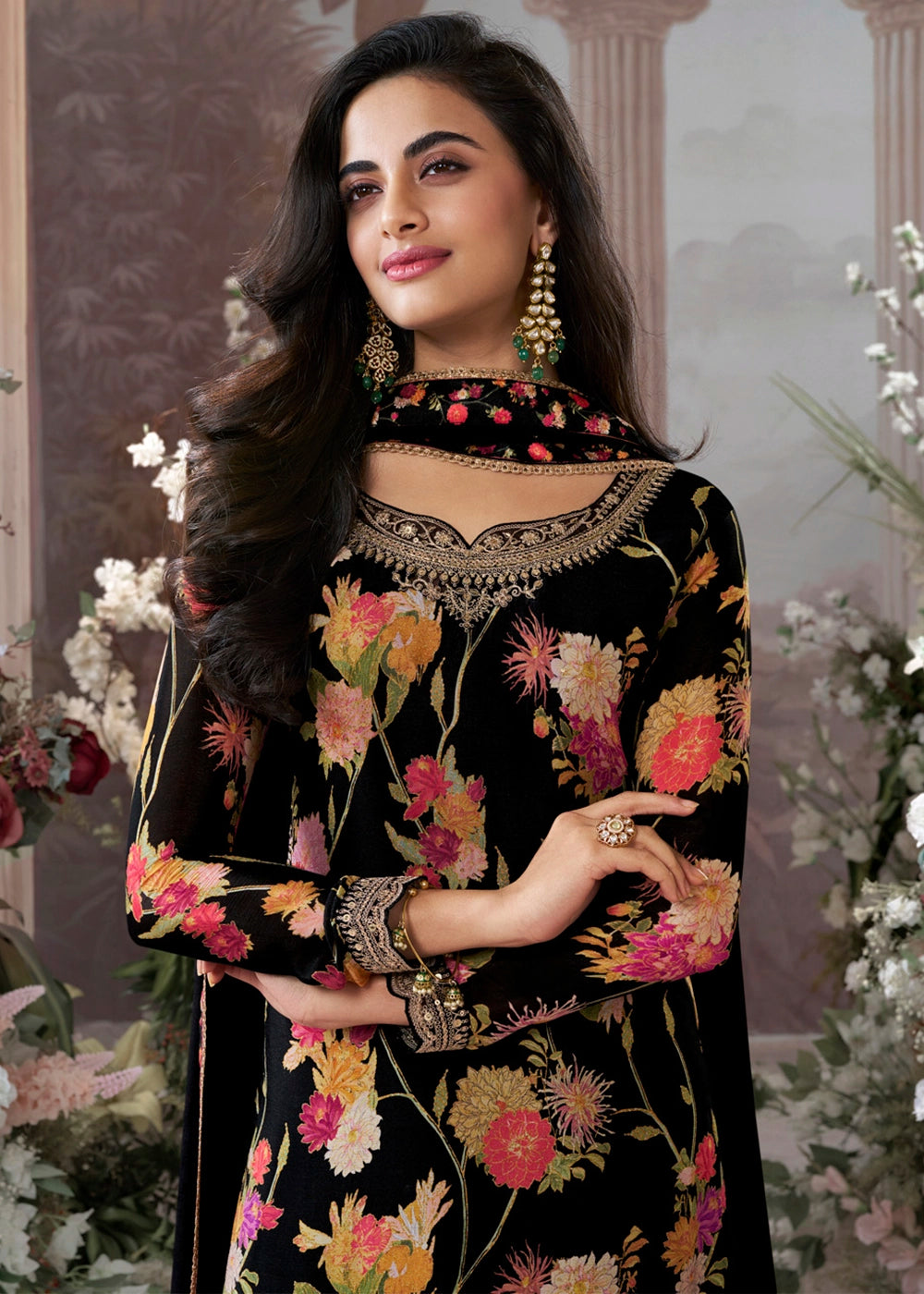 Jade Black Chinon Silk Sharara Suit with Floral Print & Embroidery