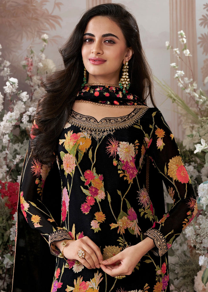 Jade Black Chinon Silk Sharara Suit with Floral Print & Embroidery