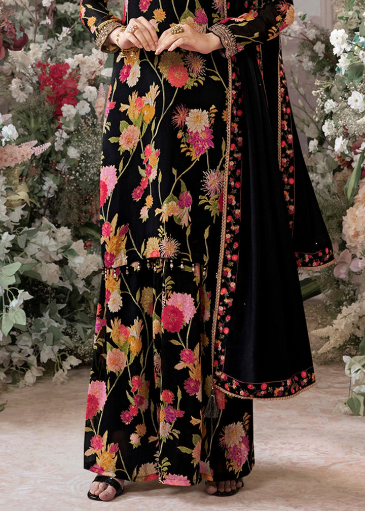 Jade Black Chinon Silk Sharara Suit with Floral Print & Embroidery