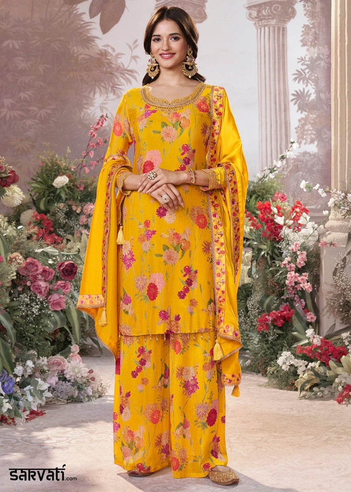 Saffron Yellow Chinon Silk Sharara Suit with Floral Print & Embroidery