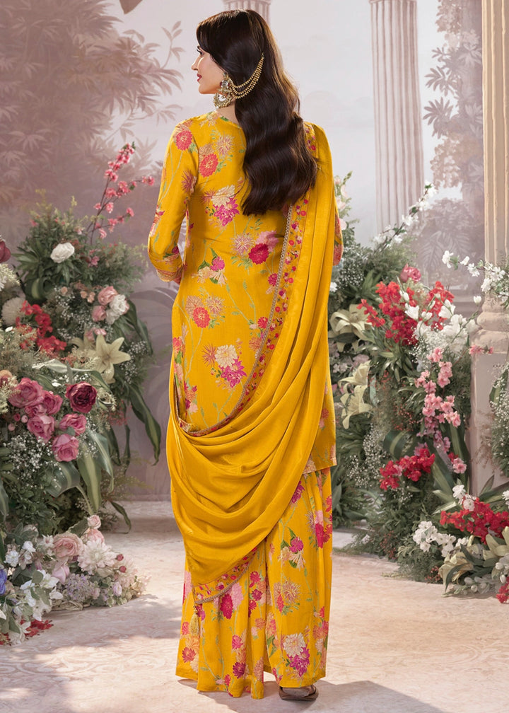 Saffron Yellow Chinon Silk Sharara Suit with Floral Print & Embroidery
