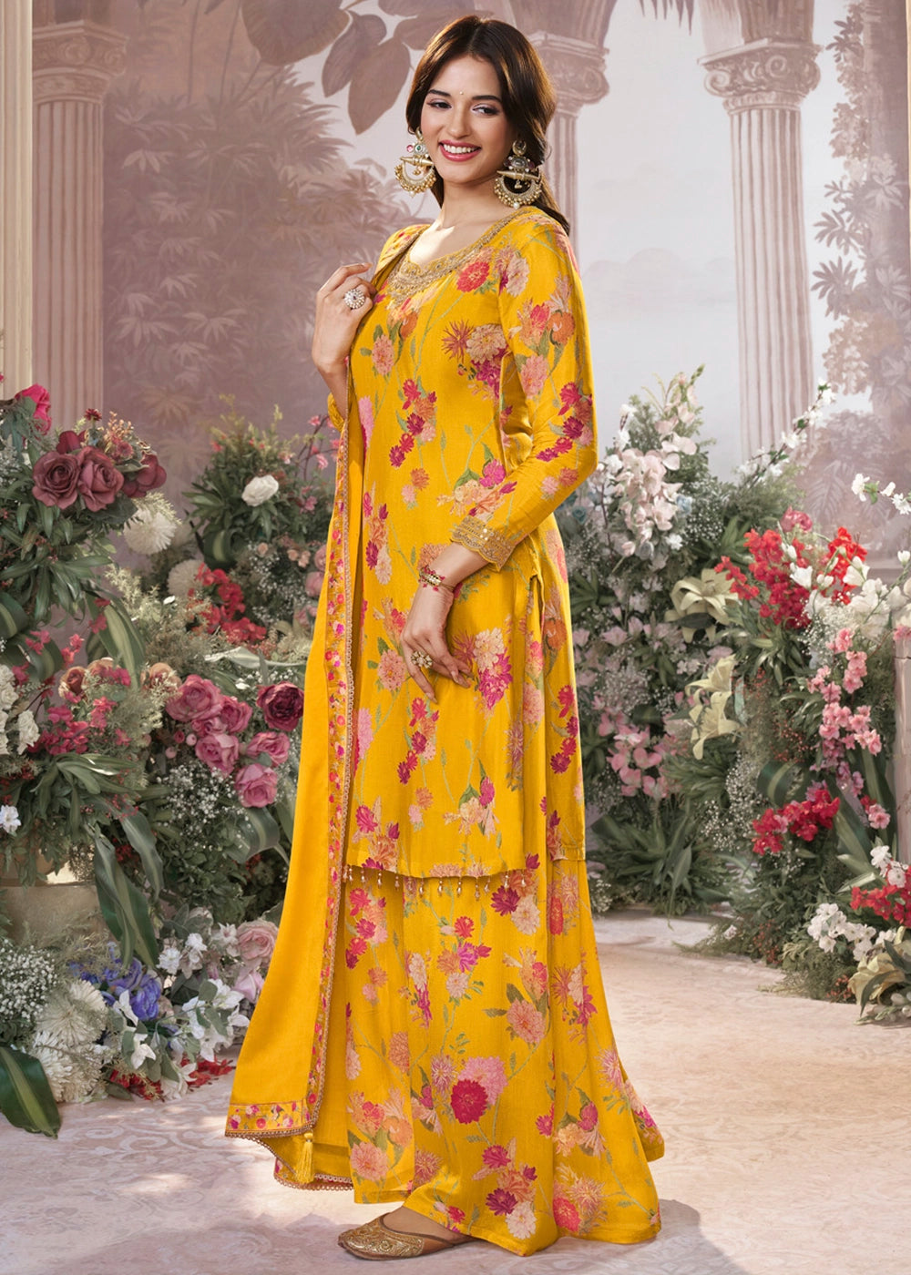 Saffron Yellow Chinon Silk Sharara Suit with Floral Print & Embroidery
