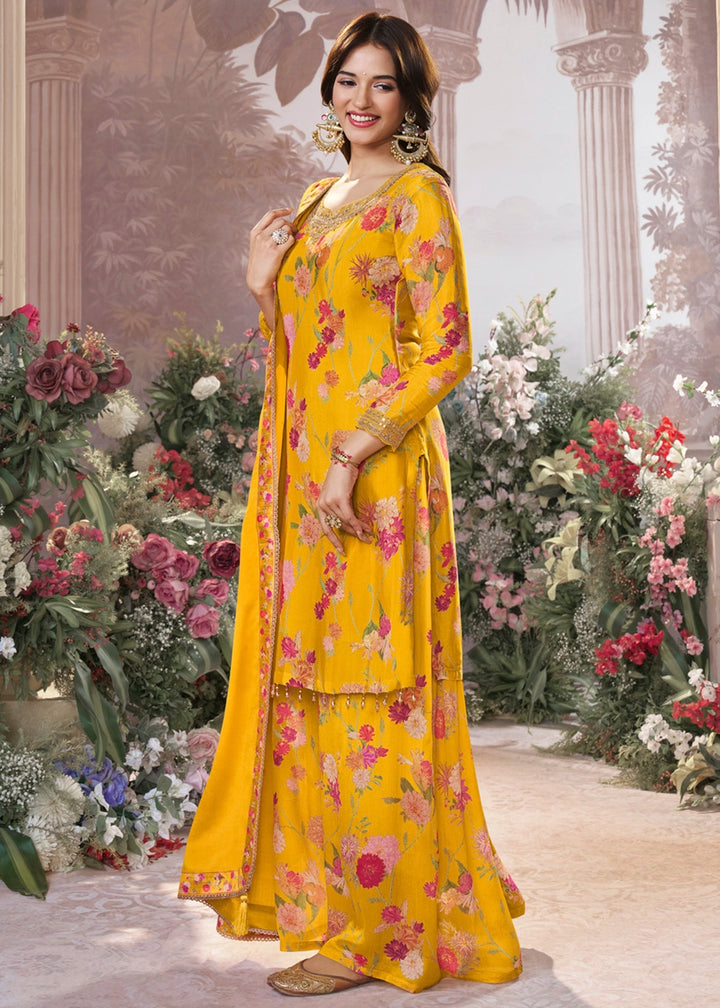Saffron Yellow Chinon Silk Sharara Suit with Floral Print & Embroidery
