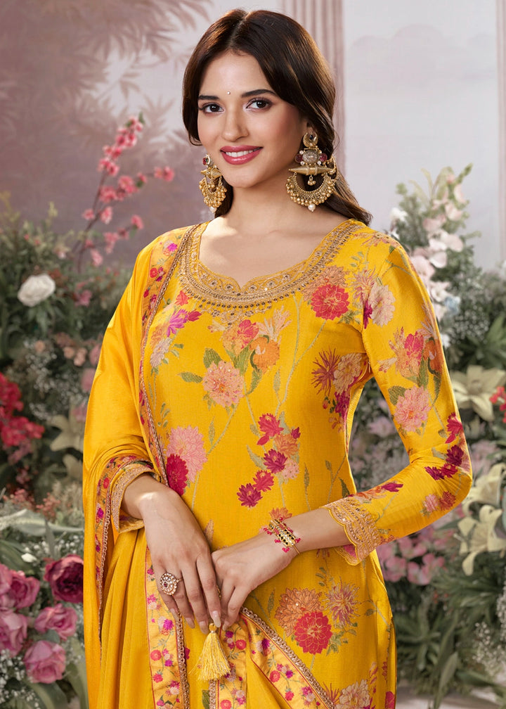 Saffron Yellow Chinon Silk Sharara Suit with Floral Print & Embroidery