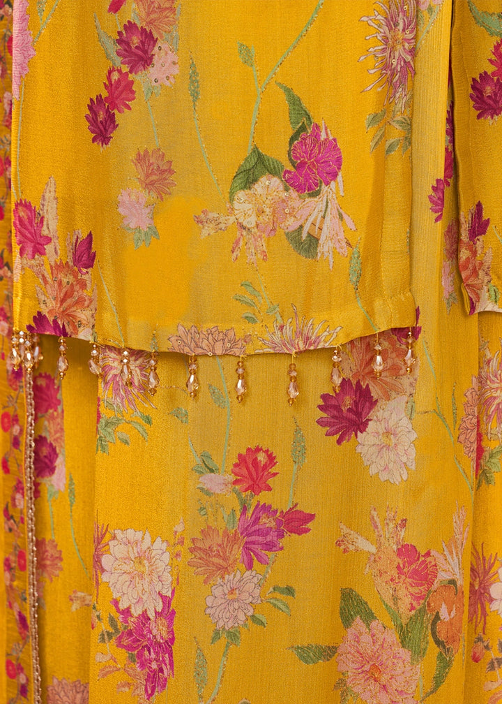 Saffron Yellow Chinon Silk Sharara Suit with Floral Print & Embroidery
