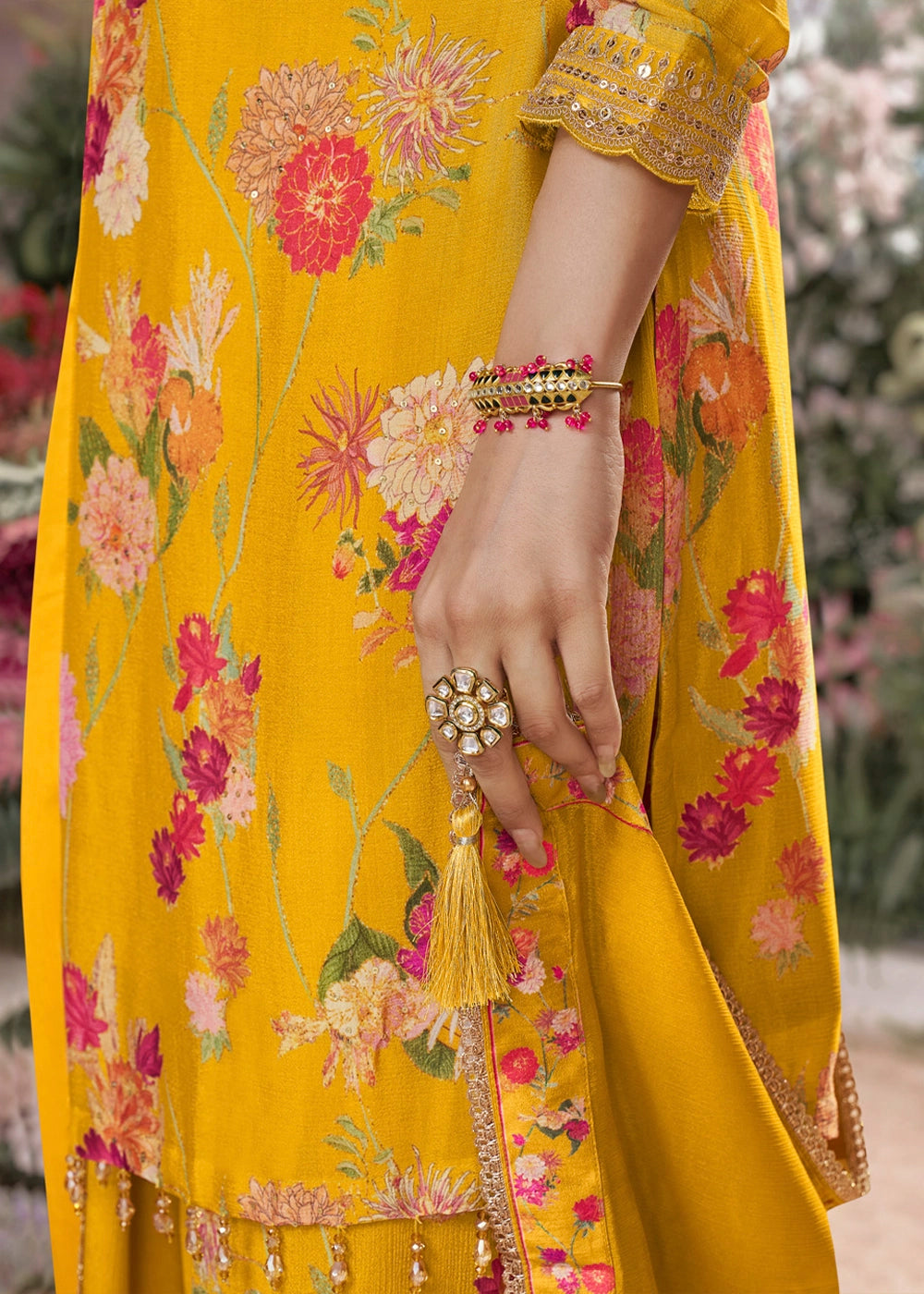 Saffron Yellow Chinon Silk Sharara Suit with Floral Print & Embroidery