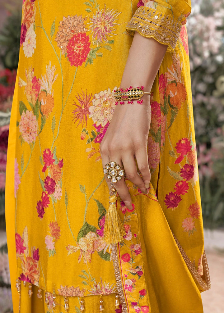 Saffron Yellow Chinon Silk Sharara Suit with Floral Print & Embroidery