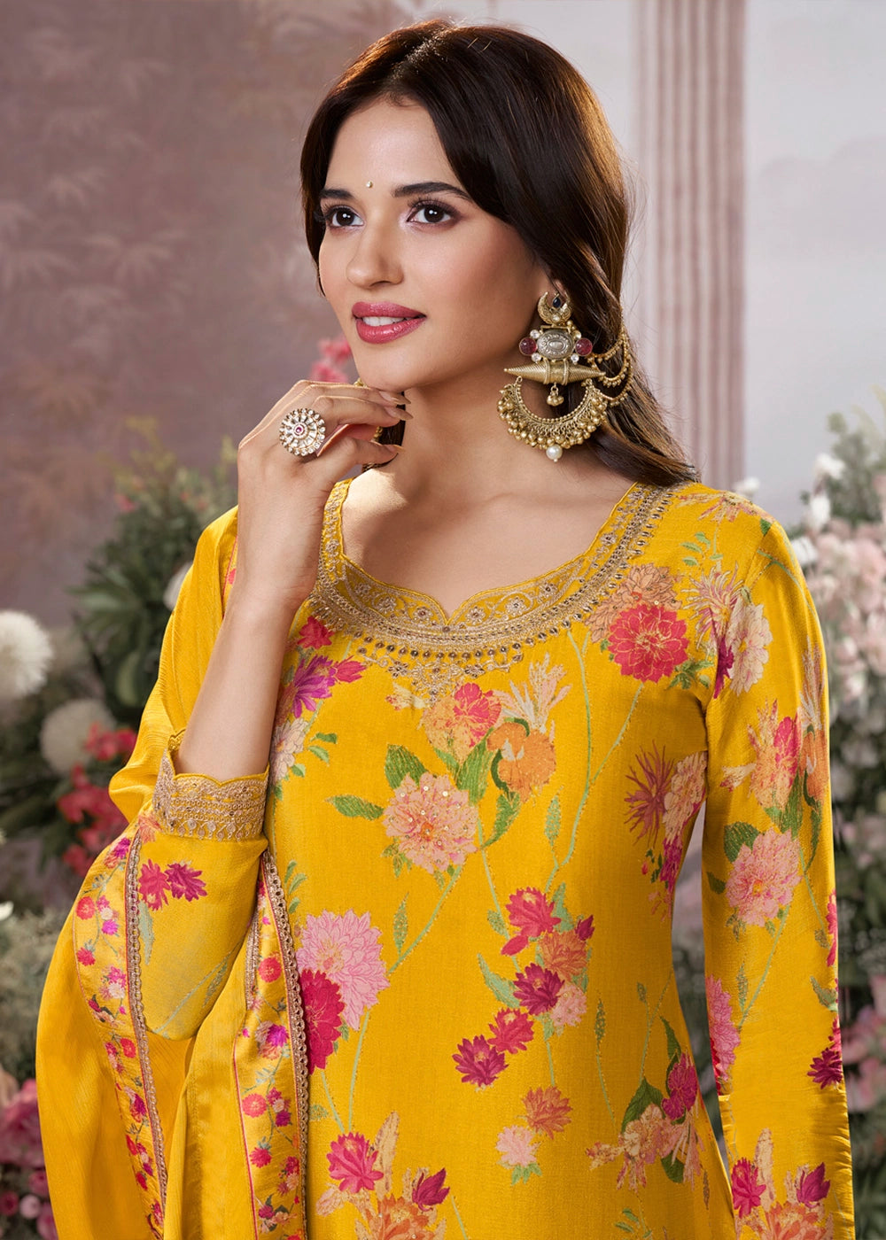 Saffron Yellow Chinon Silk Sharara Suit with Floral Print & Embroidery