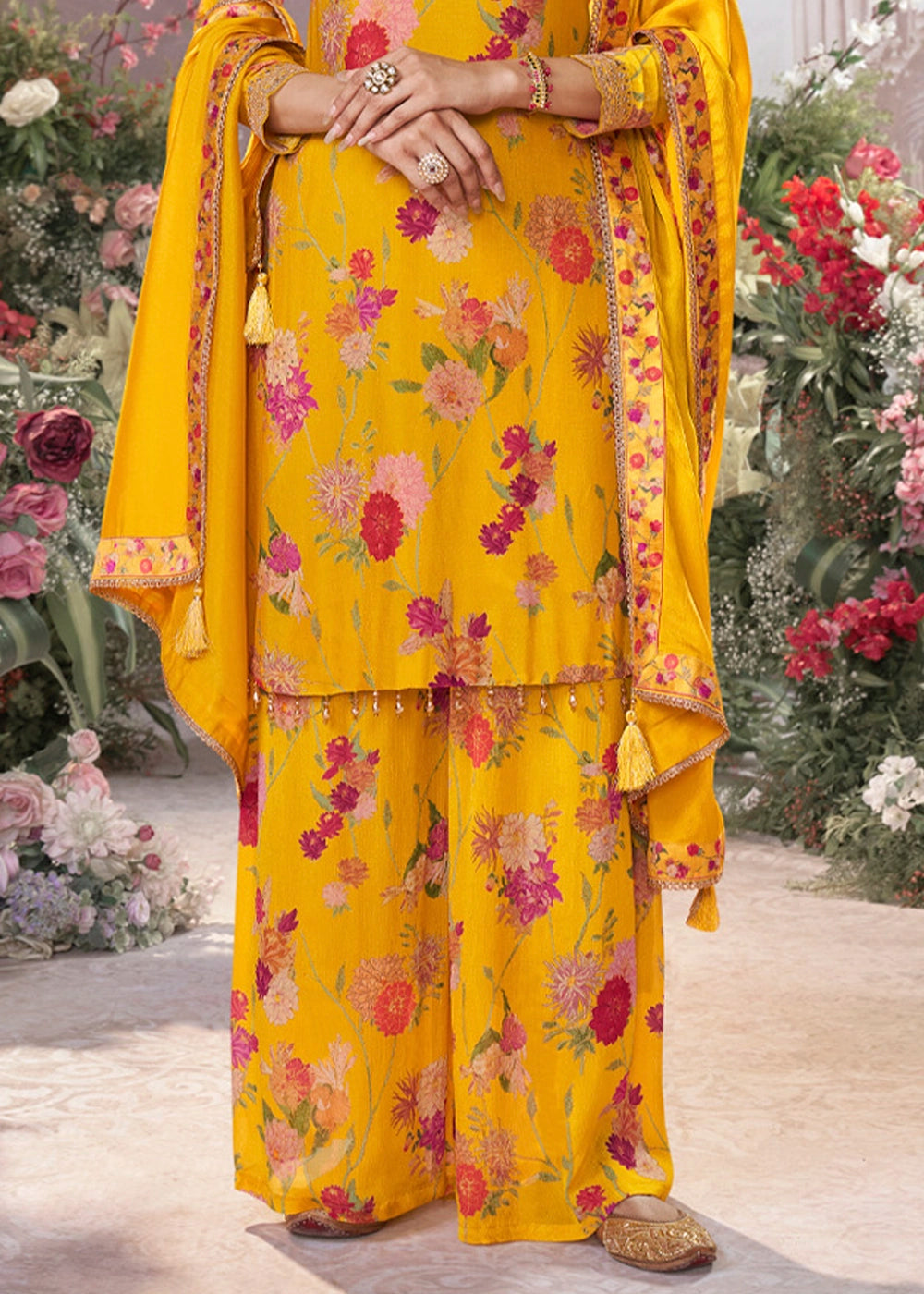 Saffron Yellow Chinon Silk Sharara Suit with Floral Print & Embroidery