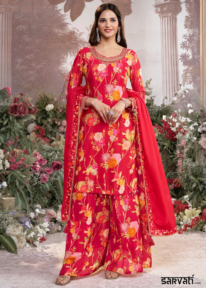 Passion Red Chinon Silk Sharara Suit with Floral Print & Embroidery
