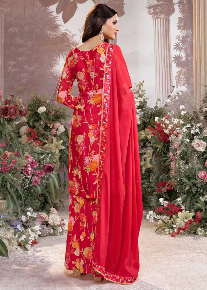 Passion Red Chinon Silk Sharara Suit with Floral Print & Embroidery