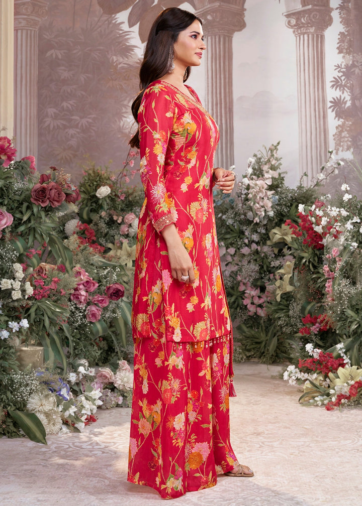 Passion Red Chinon Silk Sharara Suit with Floral Print & Embroidery