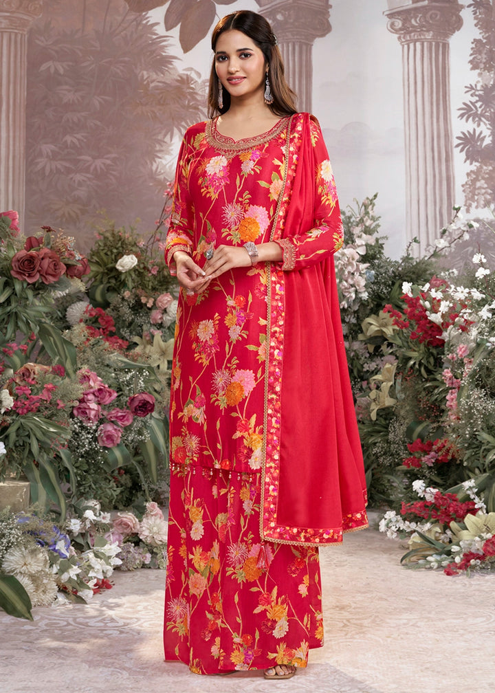 Passion Red Chinon Silk Sharara Suit with Floral Print & Embroidery