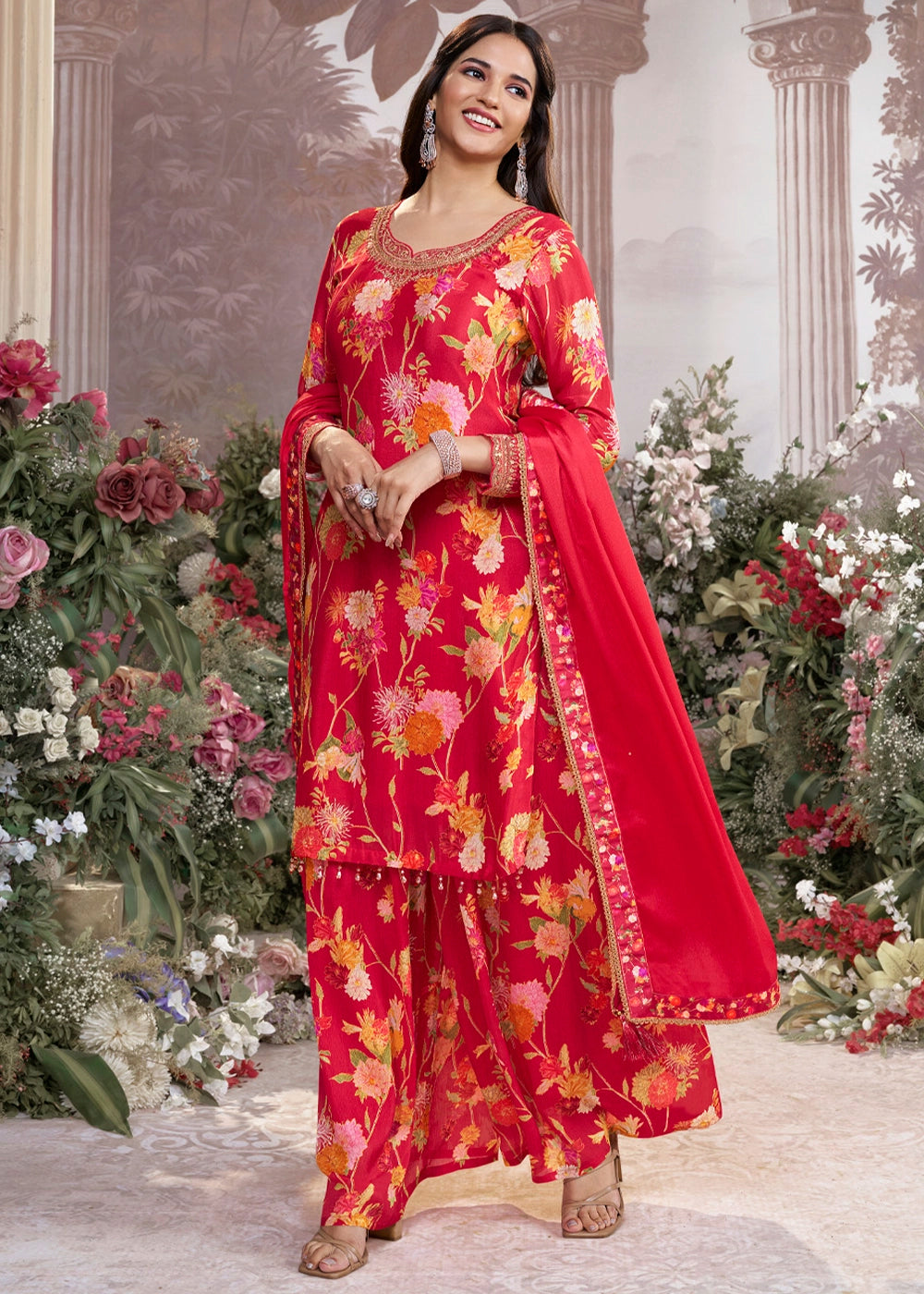 Passion Red Chinon Silk Sharara Suit with Floral Print & Embroidery