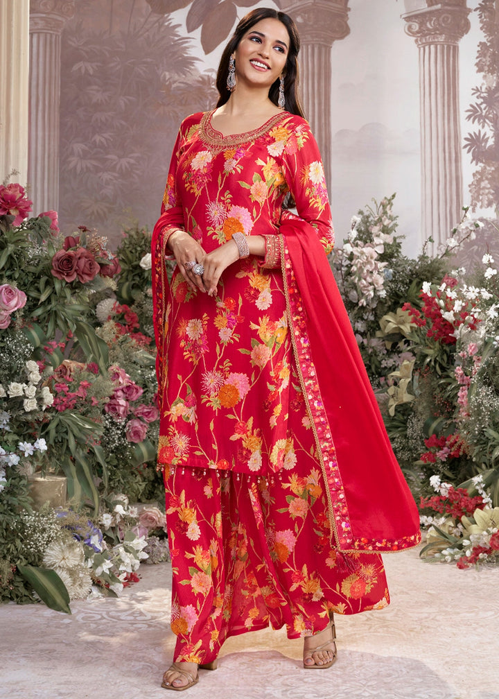 Passion Red Chinon Silk Sharara Suit with Floral Print & Embroidery