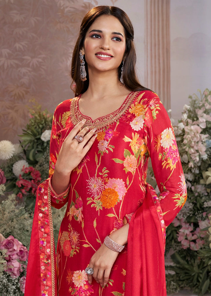 Passion Red Chinon Silk Sharara Suit with Floral Print & Embroidery