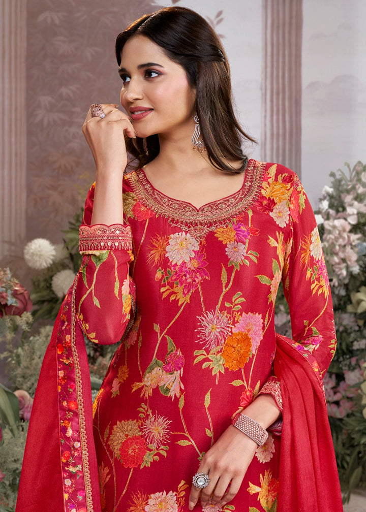 Passion Red Chinon Silk Sharara Suit with Floral Print & Embroidery