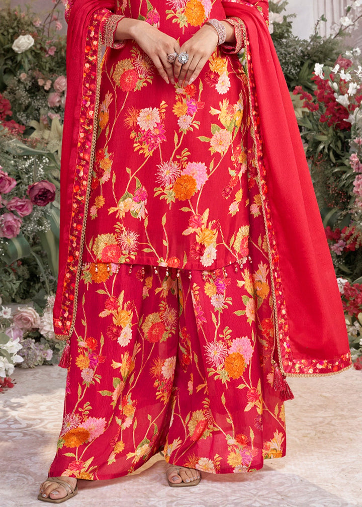Passion Red Chinon Silk Sharara Suit with Floral Print & Embroidery