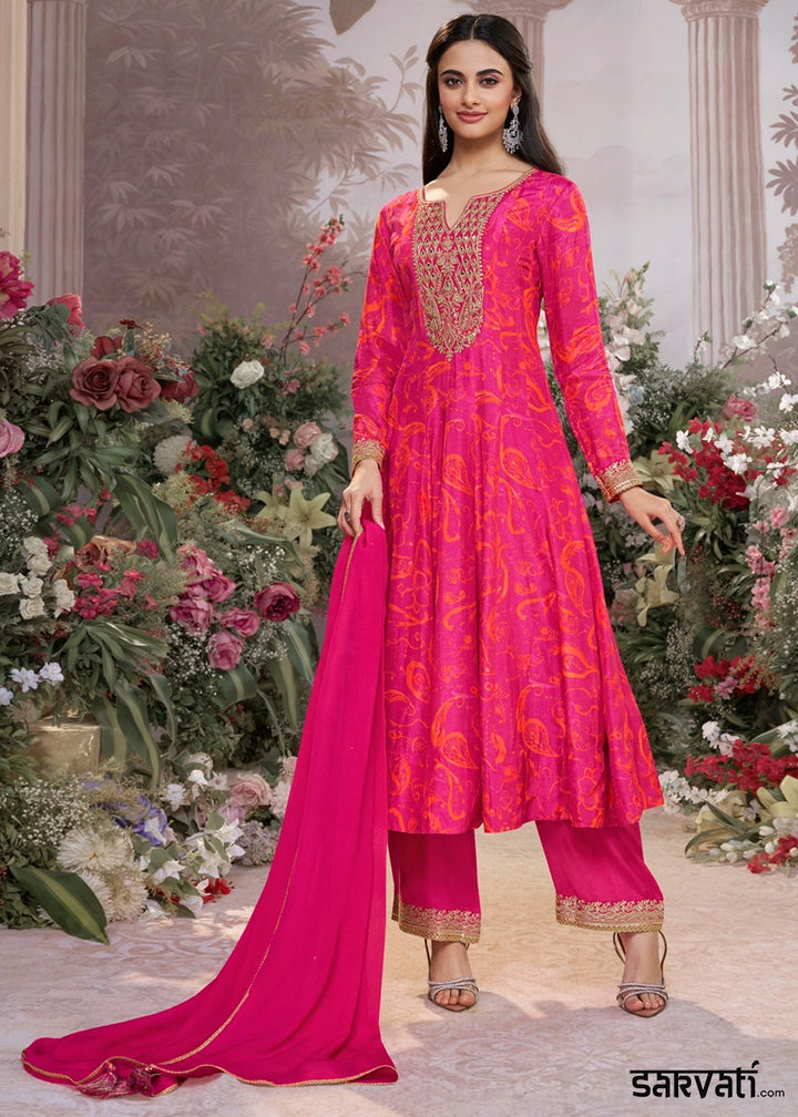 Raspberry Pink Viscose Silk Anarkali Dress with Embroidery Detailing
