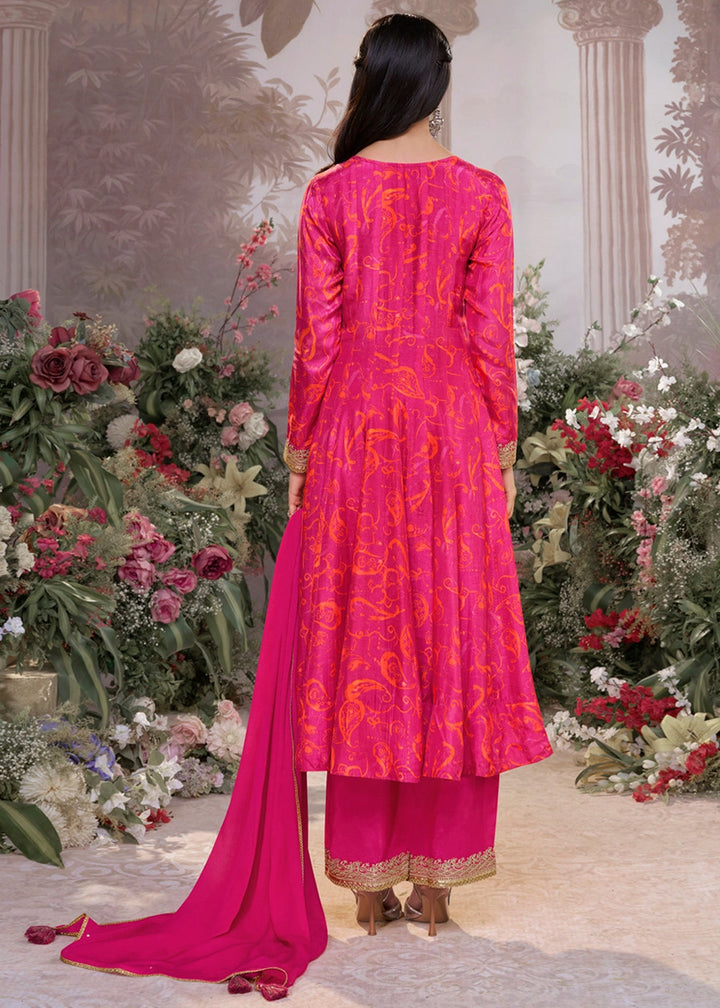 Raspberry Pink Viscose Silk Anarkali Dress with Embroidery Detailing