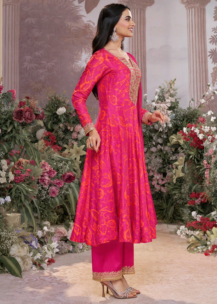 Raspberry Pink Viscose Silk Anarkali Dress with Embroidery Detailing