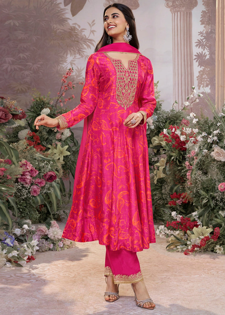 Raspberry Pink Viscose Silk Anarkali Dress with Embroidery Detailing
