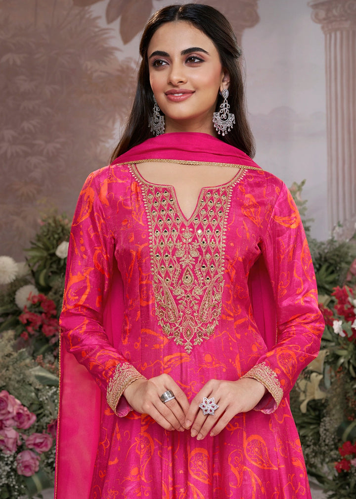 Raspberry Pink Viscose Silk Anarkali Dress with Embroidery Detailing