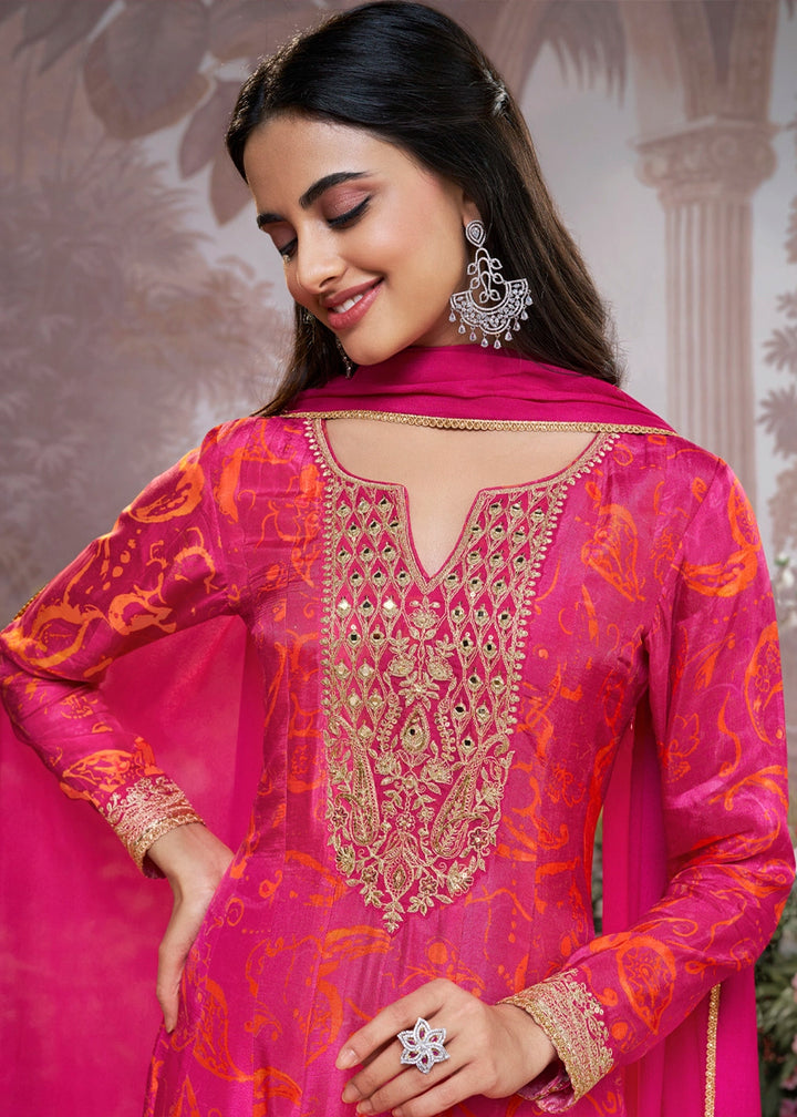 Raspberry Pink Viscose Silk Anarkali Dress with Embroidery Detailing