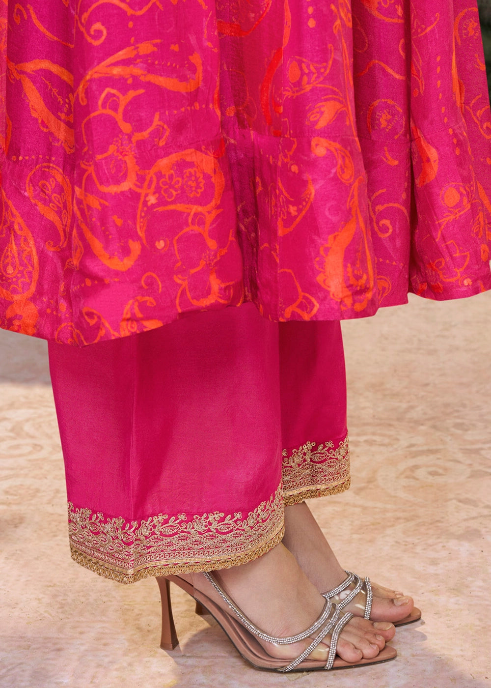 Raspberry Pink Viscose Silk Anarkali Dress with Embroidery Detailing