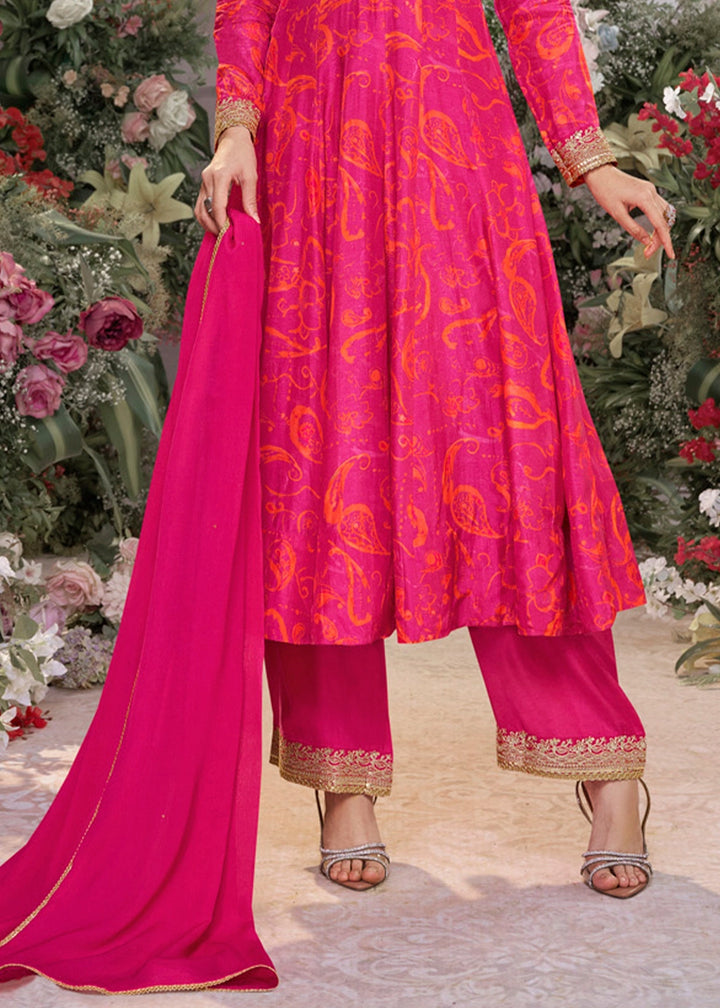Raspberry Pink Viscose Silk Anarkali Dress with Embroidery Detailing