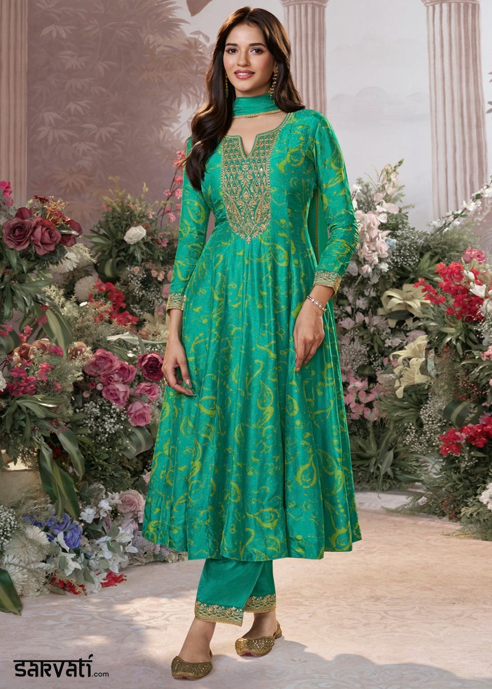Persian Green Viscose Silk Anarkali Dress with Embroidery Detailing, S