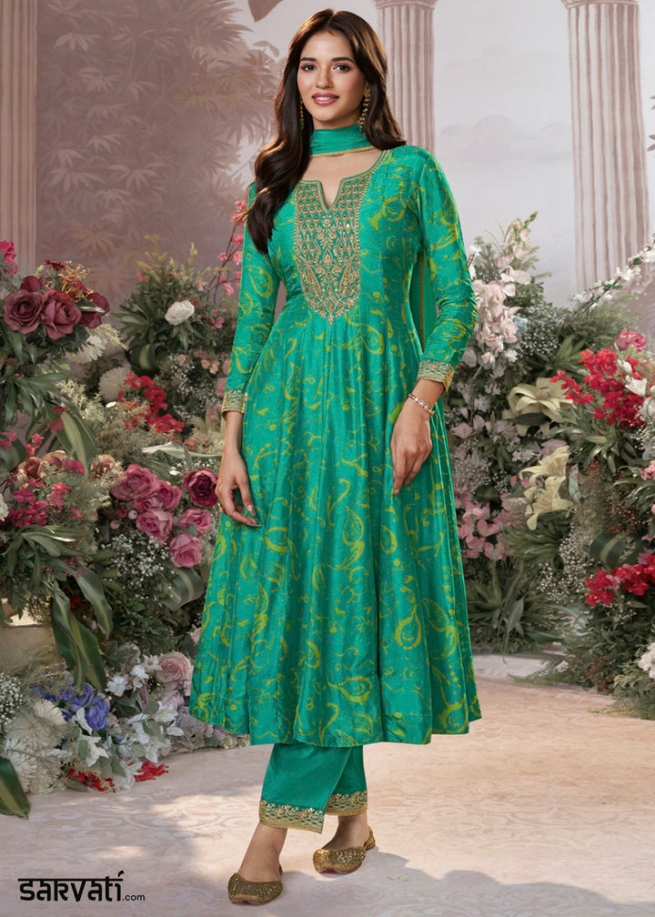 Persian Green Viscose Silk Anarkali Dress with Embroidery Detailing