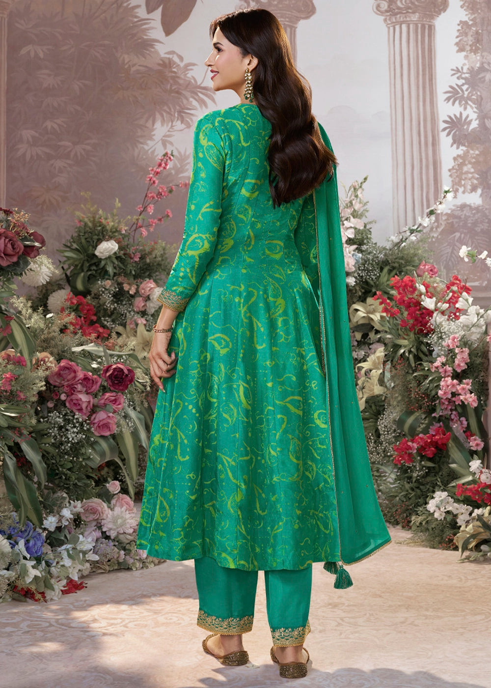 Persian Green Viscose Silk Anarkali Dress with Embroidery Detailing