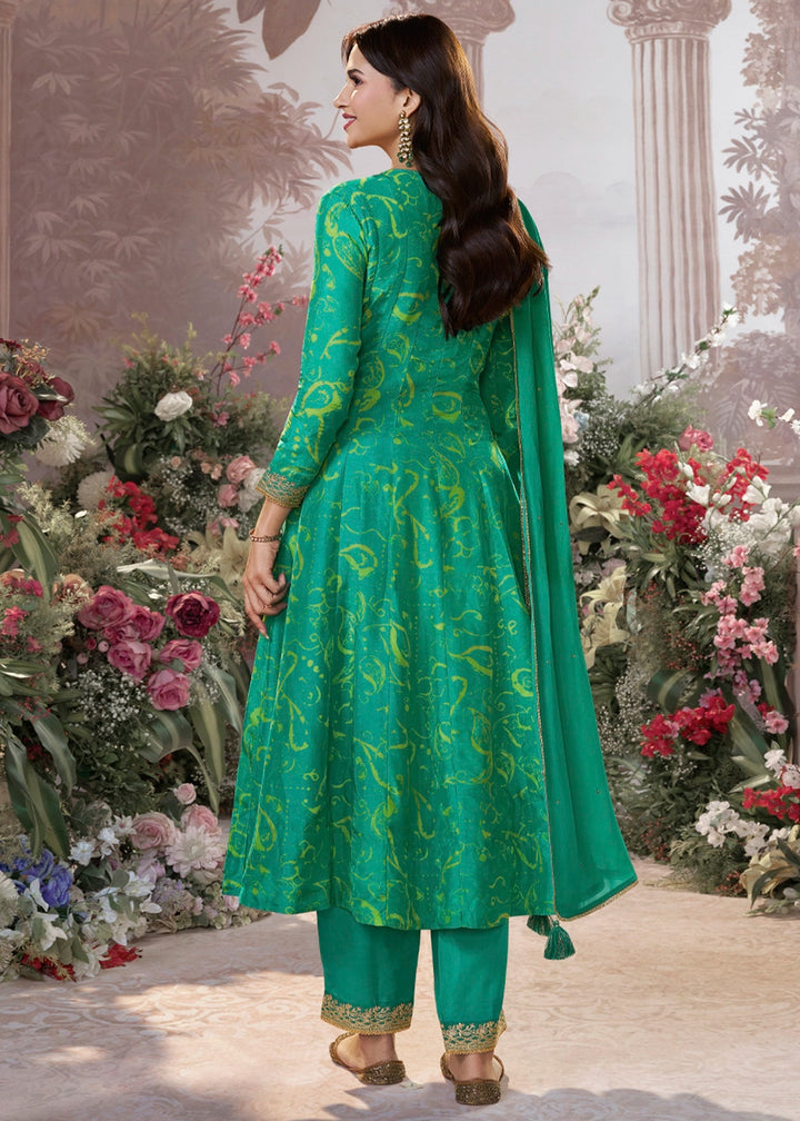 Persian Green Viscose Silk Anarkali Dress with Embroidery Detailing