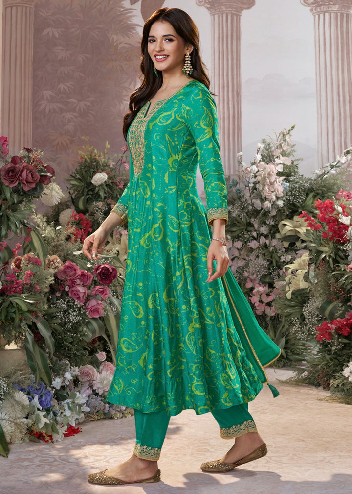 Persian Green Viscose Silk Anarkali Dress with Embroidery Detailing