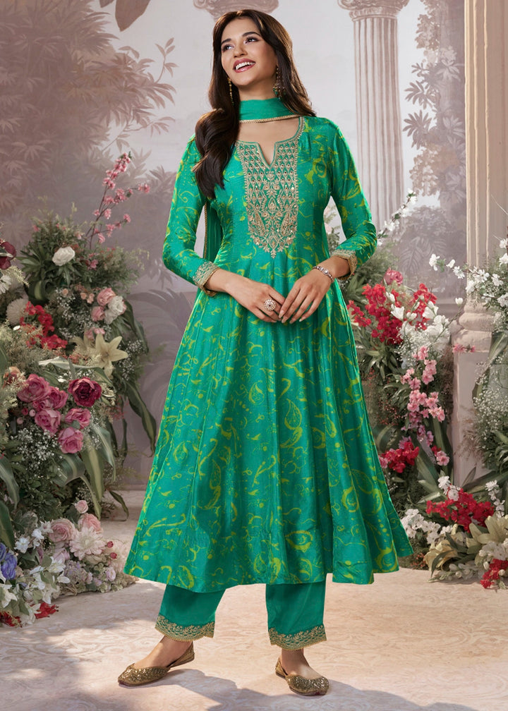 Persian Green Viscose Silk Anarkali Dress with Embroidery Detailing
