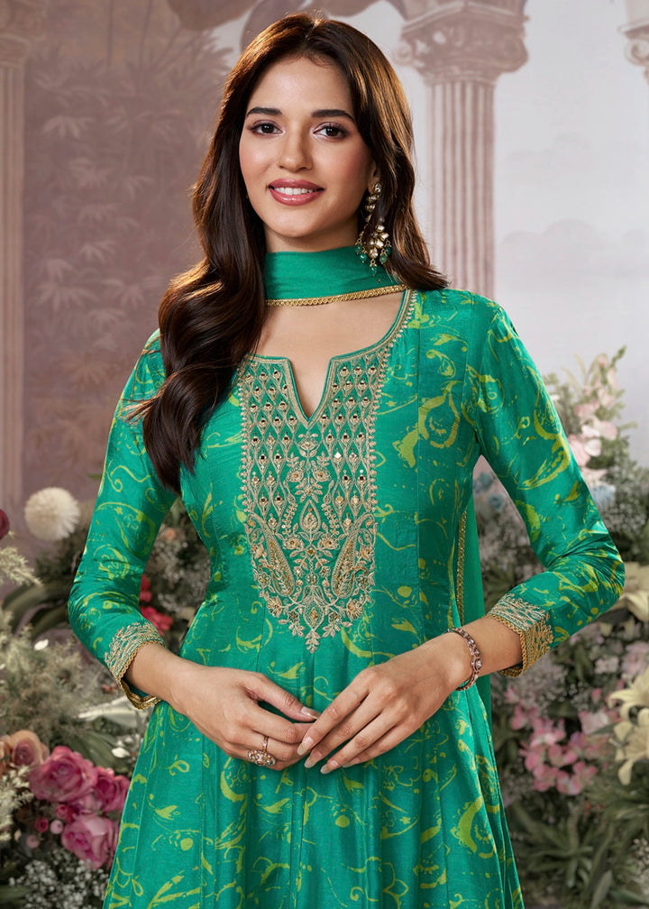 Persian Green Viscose Silk Anarkali Dress with Embroidery Detailing