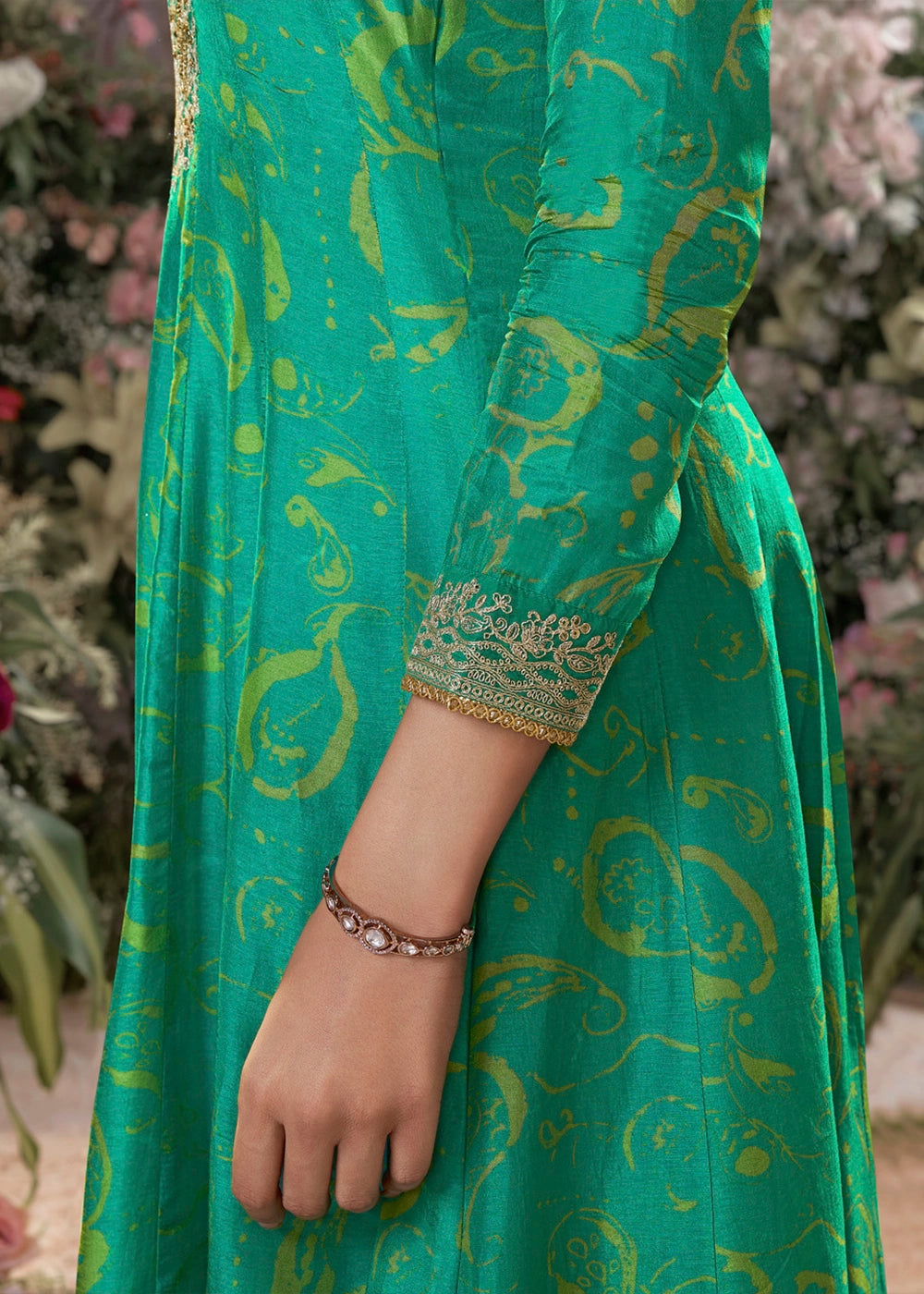 Persian Green Viscose Silk Anarkali Dress with Embroidery Detailing