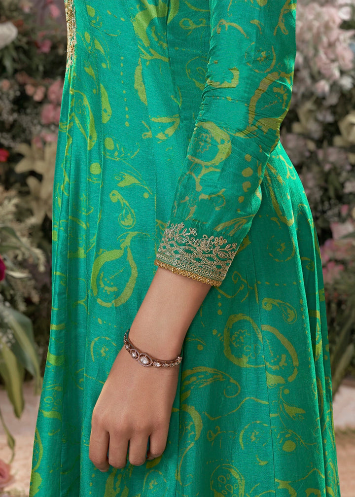 Persian Green Viscose Silk Anarkali Dress with Embroidery Detailing