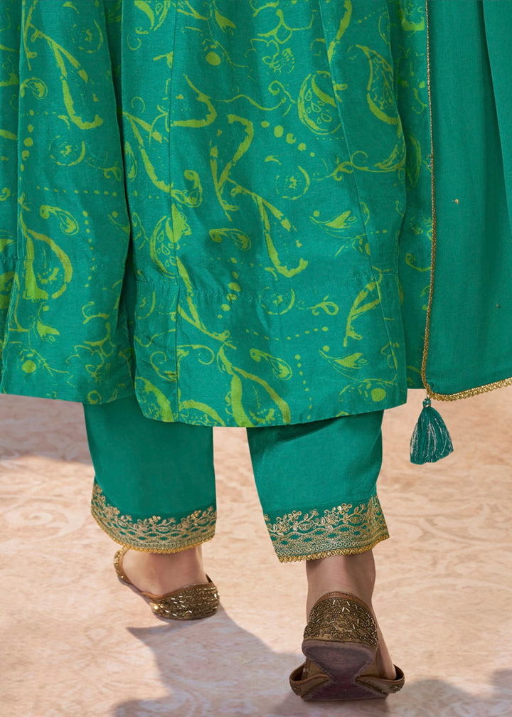 Persian Green Viscose Silk Anarkali Dress with Embroidery Detailing