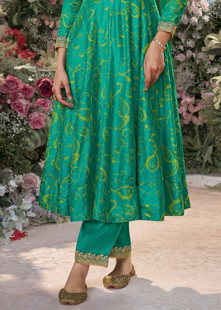 Persian Green Viscose Silk Anarkali Dress with Embroidery Detailing