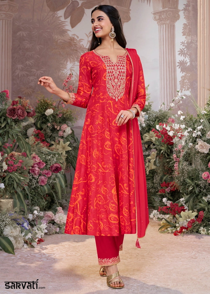 Scarlet Red Viscose Silk Anarkali Dress with Embroidery Detailing